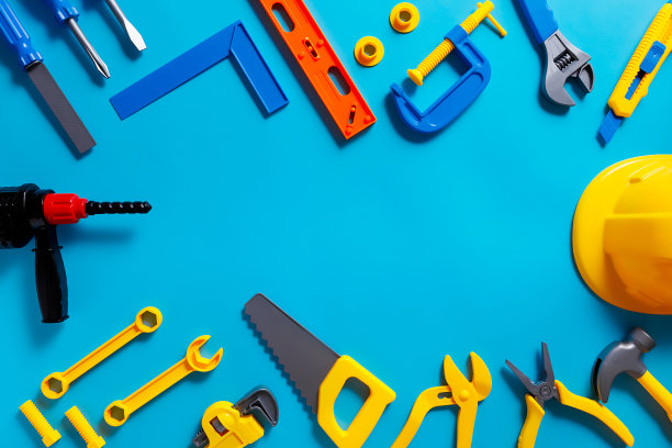 玩具的背景。俯视图玩具工具上的蓝色背景图片下载