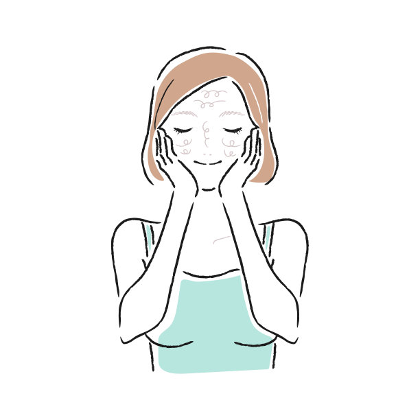 一个年轻女子的插图，在她的脸上使用基本化妆品。图片下载