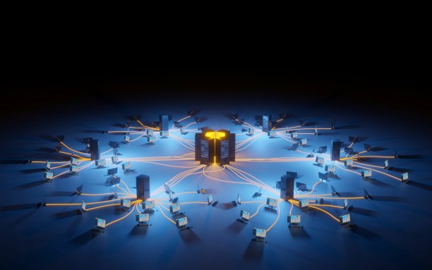 云计算，网络基础设施。计算机工作站连接到数据中心。数字3D渲染概念。图片下载