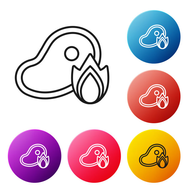 黑线烤牛排肉和火焰火焰的图标图片下载