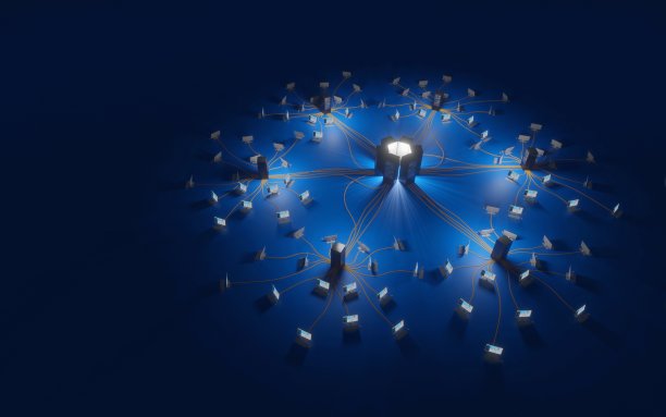 云计算，网络基础设施。计算机工作站连接到数据中心。数字3D渲染概念。图片下载