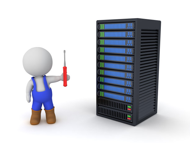 3D工人与螺丝刀旁边的服务器机架图片下载