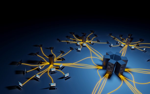 云计算，网络基础设施。计算机工作站连接到数据中心。数字3D渲染概念。图片下载