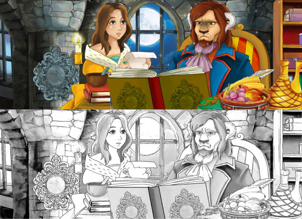 与年轻的女孩公主和王子在舞厅与涂色页跳舞的卡通场景图片下载