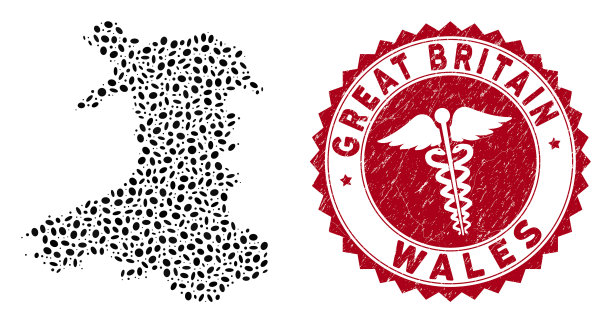 拼贴威尔士地图与垃圾医药印章印章图片下载