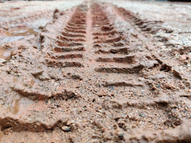 车辆在湿地上的轮胎痕迹图片下载