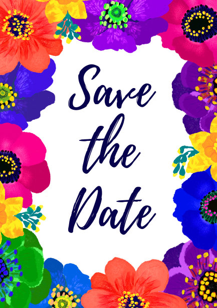 夏季模板保存日期与海葵和水仙花的婚礼邀请或贺卡图片下载