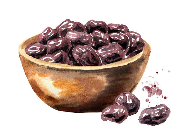 一碗干黑葡萄干。手绘水彩插图孤立的白色背景图片下载