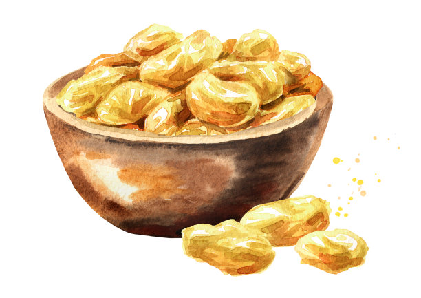 一碗葡萄干干。手绘水彩插图孤立的白色背景图片下载