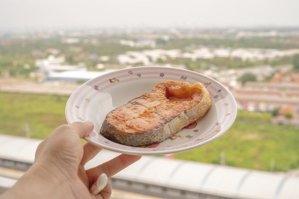 那只拿着煎鲑鱼排的手背后是一个可以俯瞰城市和自然的平台图片下载