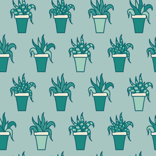 矢量手绘芦荟盆在粉彩绿色无缝模式背景。图片下载