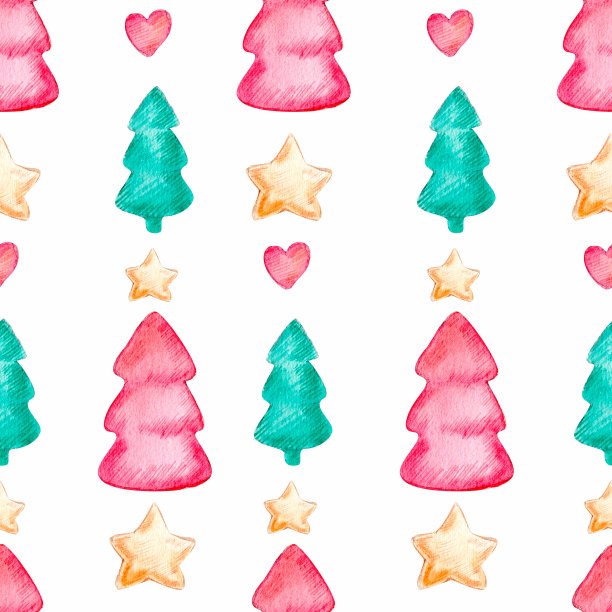 无缝水彩模式，新年2021和圣诞背景与树，公牛，星星，心在白色的背景图片下载
