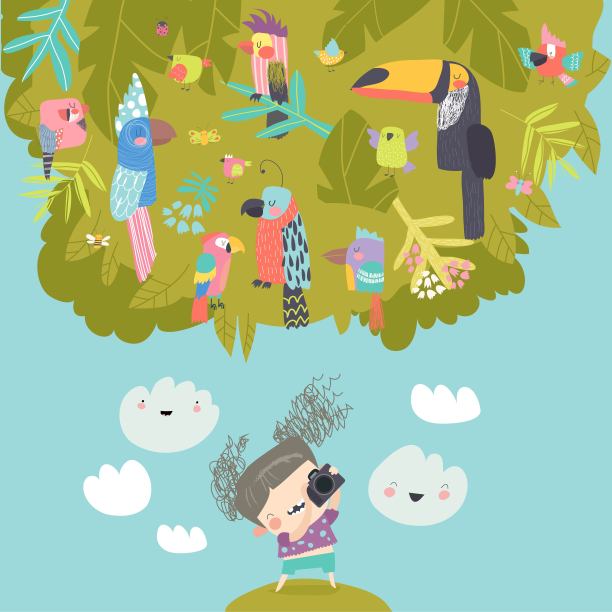 有趣的小女孩在树上拍小鸟图片下载