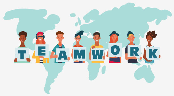 拥有“团队合作”这个词的年轻人。世界地图背景。友谊、伙伴关系、合作、协作和团队协作矢量概念。世界地图背景图片下载