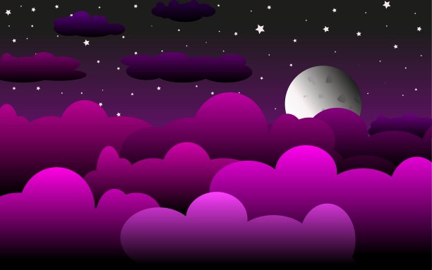 一轮又大又圆的月亮，映衬着明亮的星星和灰色的云。库存矢量插图装饰和设计，卡片，海报，网页，杂志，织物和更多。图片下载