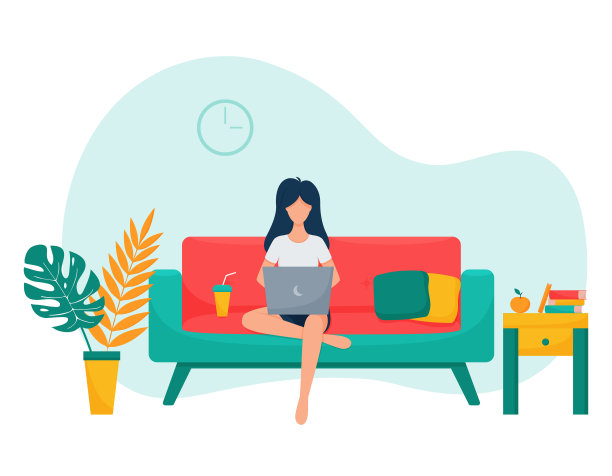 一个自由职业者女孩弯着腿坐在沙发上用笔记本电脑工作。远程工作、在家学习的概念。客厅。居家办公矢量插图。平的风格图片下载