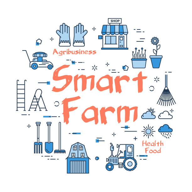 向量蓝色旗帜线性智能农场概念图片下载