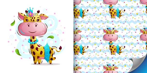 可爱的公主长颈鹿戴着皇冠，珠子和裙子。矢量插图为儿童在卡通风格和无缝模式图片下载