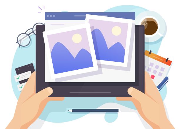 照片图片在线相册和数字图库观看在网站或互联网上的电子摄影图像文件在数字平板电脑网络矢量平面卡通插图图片下载