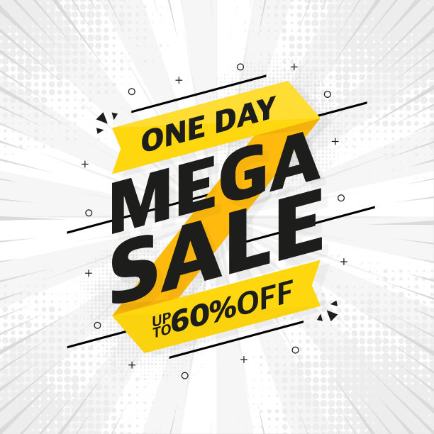 销售横幅模板设计与MEGA销售文本在流行的白色背景。一天高达六折和季末特别优惠横幅。向量。图片下载