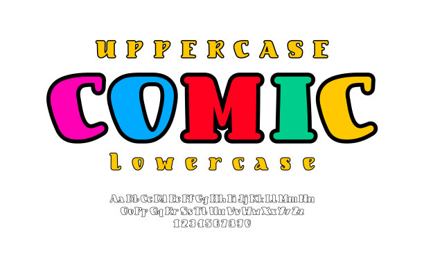 漫画明亮的字体，字母在卡通风格，时髦的大写和小写拉丁字母从A到Z和阿拉伯数字从0到9为您设计，矢量插图10eps图片下载