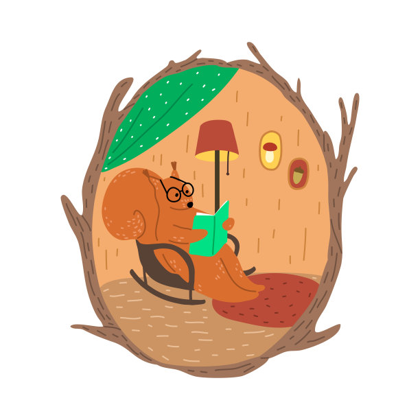 戴眼镜的棕色松鼠坐在扶手椅上，在舒适的山谷里看书图片下载