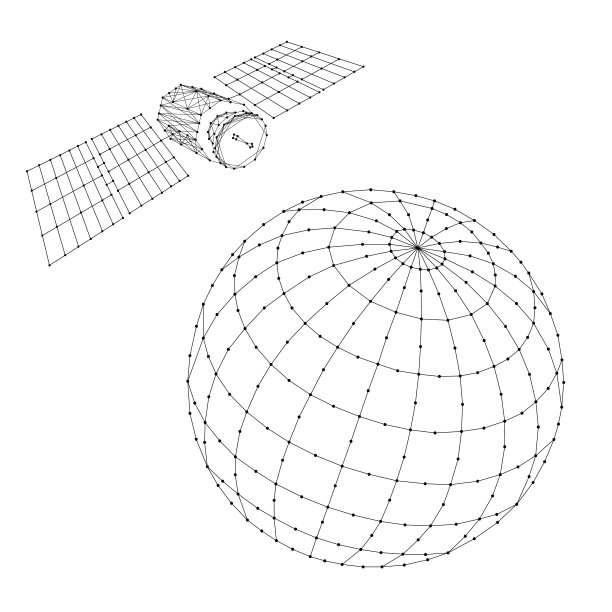 人造卫星从抽象的未来多边形黑线和点飞过地球。矢量插图。图片下载