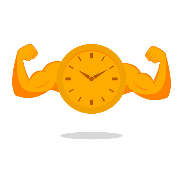 时钟和男性的手臂有弯曲的二头肌。健身房的时间。图片下载