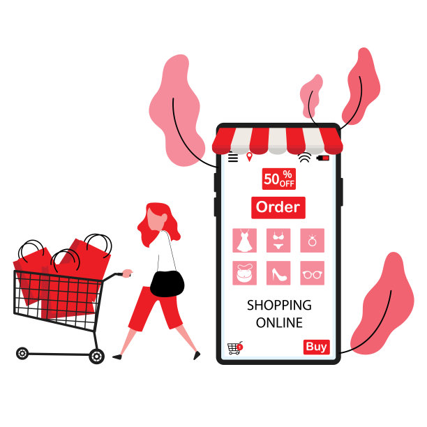 一位女士在网上以五折的优惠提前下单，推着购物车里的红色购物袋图片下载