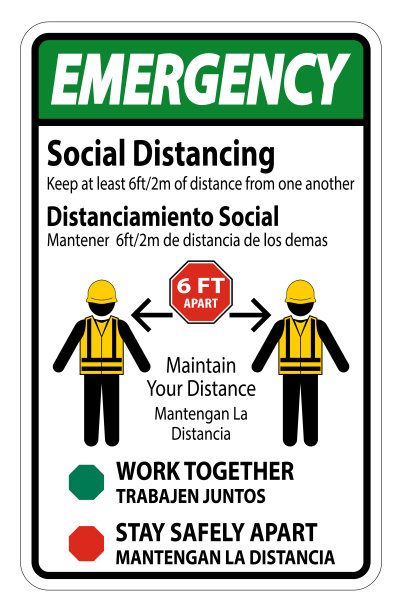 紧急双语社会距离建设标志孤立在白色背景，矢量插图EPS.10图片下载