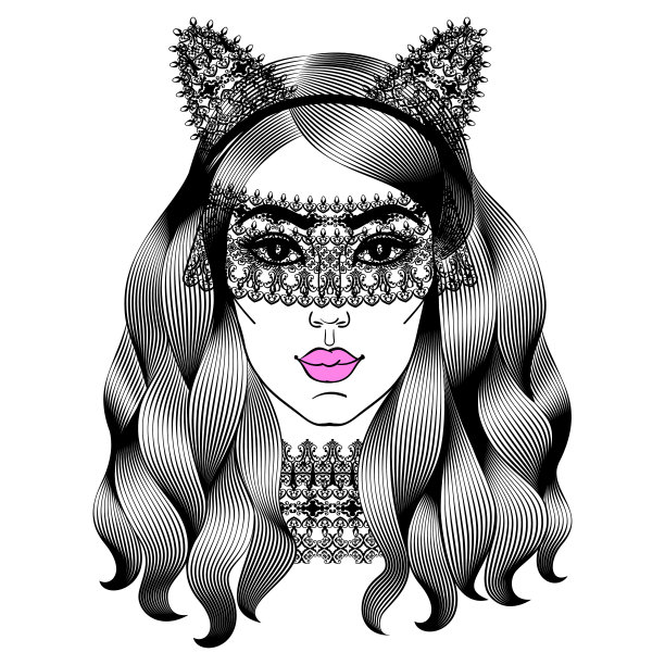 戴着蕾丝面具的漂亮女人。有猫耳朵的女孩。一头卷发的时尚女孩。矢量图图片下载