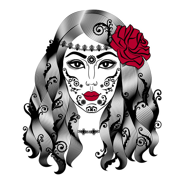 美丽女人的肖像。有装饰性发型和纹身的女孩。一头玫瑰发的时尚女孩。幻想抽象矢量图图片下载