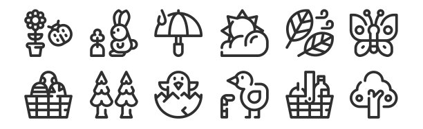 一组12瘦轮廓图标，如树，鸡，树，割草机，伞，兔子为网络，移动图片下载