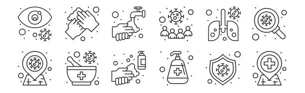 一套12瘦轮廓图标，如卫生诊所，洗手液，药物，感染肺部，洗手，洗手网页，移动图片下载