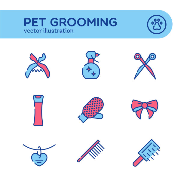 一套宠物用品图标为宠物商店，兽医诊所，宠物商店，动物园，避难所。卡片，传单，广告海报。平面风格设计，矢量插图。图片下载