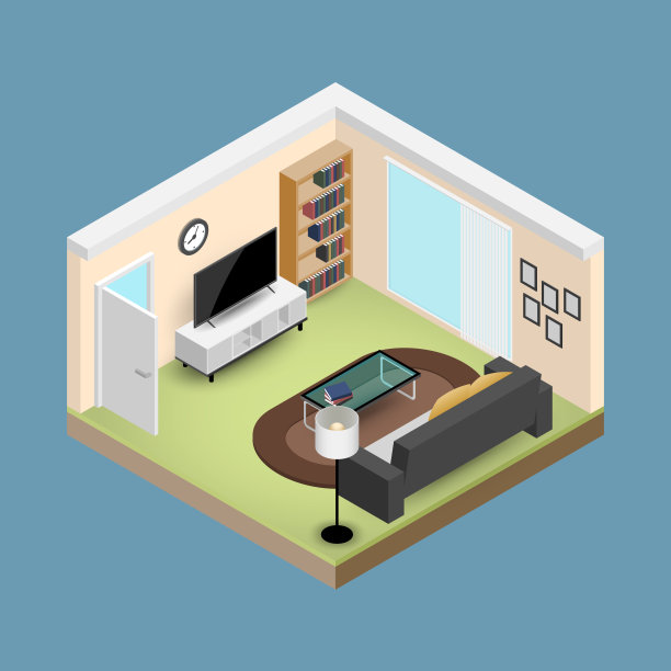 概念房间采用等距三维构图，配有一个沙发和一个大宽屏电视，一个客厅配有许多家具，一扇窗和一扇门开放式矢量现代设计。图片下载