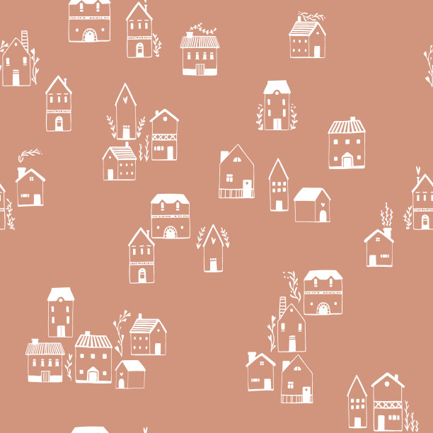 斯堪的纳维亚房屋无缝模式。矢量手绘插图的建筑在一个简单的幼稚的卡通风格。可爱的素描画在白色的粉彩赤土背景图片下载