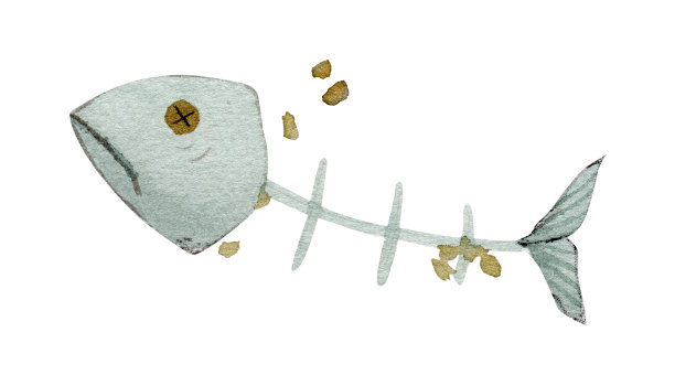 鱼骨，食物残渣，白底水彩手绘。剪切路径。图片下载