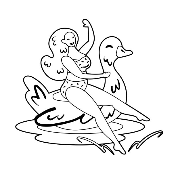 年轻微笑的女孩在游泳衣上漂浮在橡皮环上的鸭子。夏天的海边沙滩泳池派对。涂鸦线艺术矢量插图图标贴纸孤立的白色背景。邮票。着色页面。图片下载