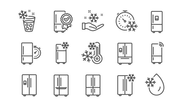 冰箱系列图标设置。冰箱，冷库，智能冰箱。冷藏箱，带冰的水，温度计。向量图片下载