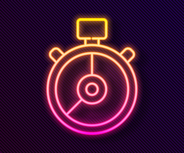 黑色背景上的发光霓虹秒表图标，计时器标志矢量图图片下载