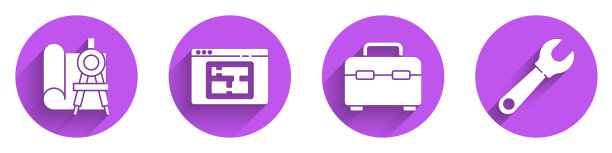 设置绘图纸和指南针，房屋计划，工具箱和扳手扳手图标与长影子。向量图片下载