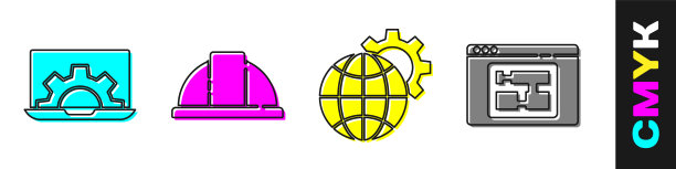 设置笔记本电脑和齿轮，工人安全头盔，地球和齿轮和房子计划图标。向量图片下载