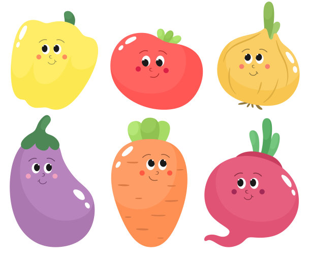 可爱的卡通蔬菜。西红柿，茄子，胡萝卜，洋葱，甜菜，红辣椒。矢量隔离在卡通平面风格。图片下载