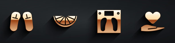 设置拖鞋，柑橘水果，浴室秤和心手图标与长阴影。向量图片下载