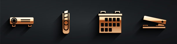 设置电影，电影，媒体投影仪，文具刀，日历和办公室订书机图标与长影子。向量图片下载