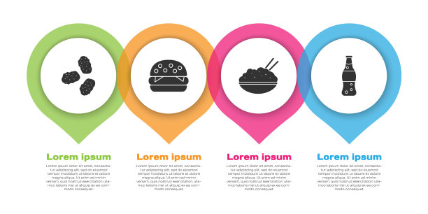 将鸡块、汉堡、米饭、筷子和一瓶水放在碗里。业务信息模板。向量图片下载
