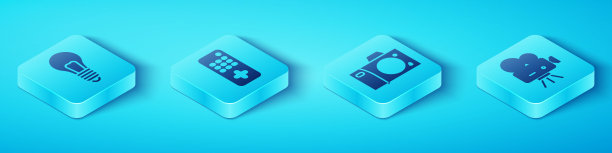 设置等距灯泡与概念的想法，遥控，复古电影相机和照片相机图标。向量图片下载