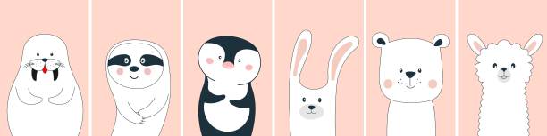 可爱有趣的卡通动物人物海象，树懒，企鹅，熊，骆驼和兔子。图片下载