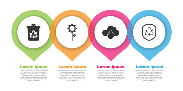设置回收站与回收，叶植物在齿轮机，云与雨和回收标志内盾。业务信息模板。向量图片下载